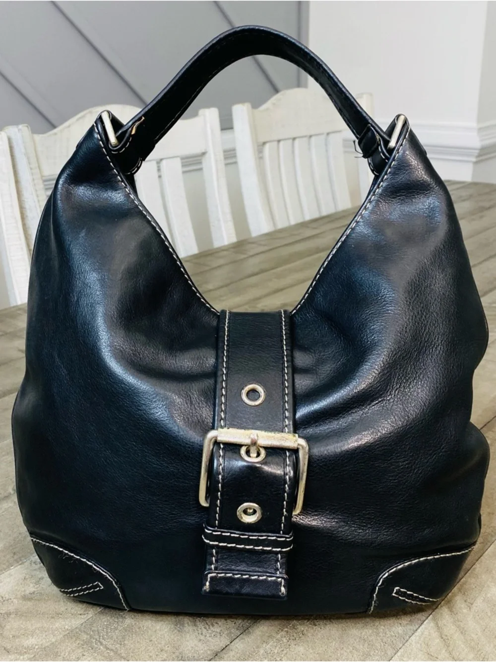 Michael Kors Black Leather  Hobo Shoulder Handbag Good Silver Hardware - Picture 2 of 12